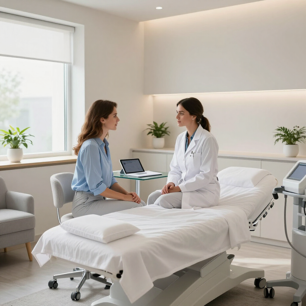 Doctor speaking with a patient in a bright exam room beside a hospital bed and monitor