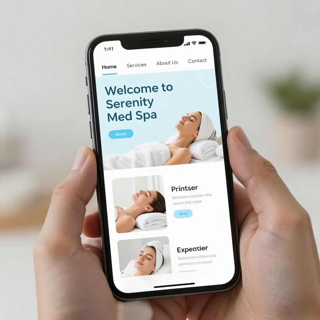 Hands holding a phone showing the Serenity Med Spa homepage with facial treatment offers.
