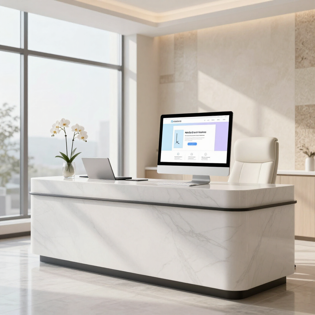Modern white office reception desk with computer, laptop, and orchid in a bright lobby
