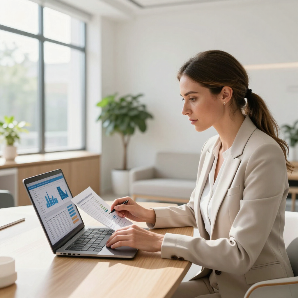Woman working on a laptop at a desk with charts, in a bright office setting
