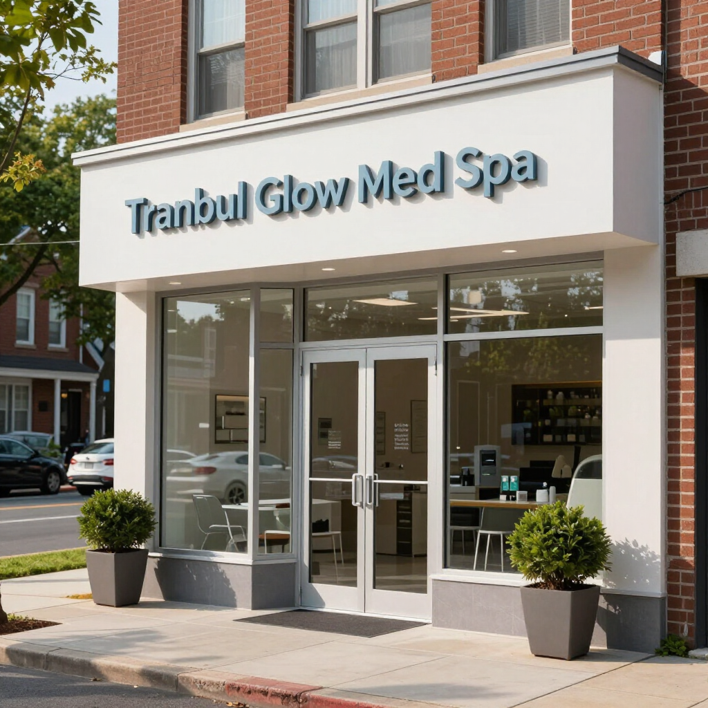 Storefront of Tranquil Glow Med Spa with glass entrance and potted plants