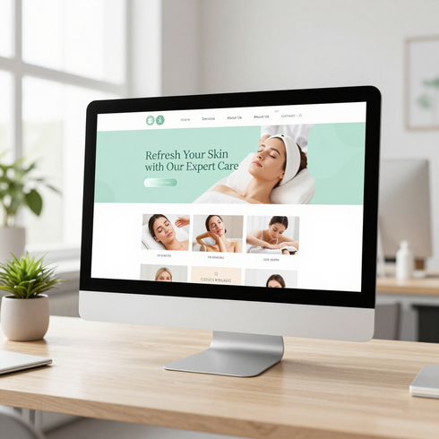 Desktop monitor showing a skincare website with a spa treatment banner on a wooden desk