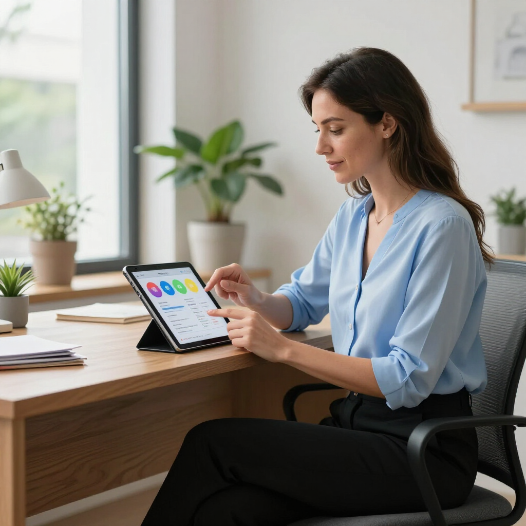 Woman using a tablet at a desk in a bright home office