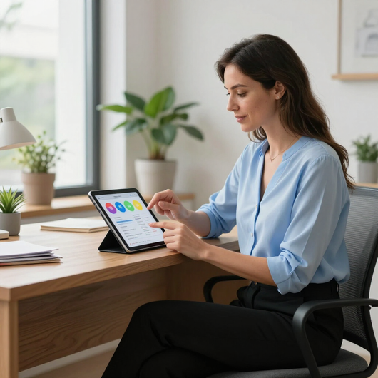 Woman using a tablet at a desk in a bright home office