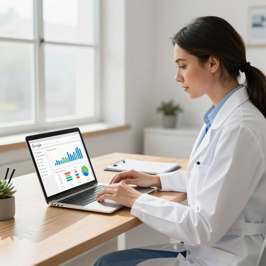 Healthcare professional reviewing charts on a laptop at a desk in a bright office
