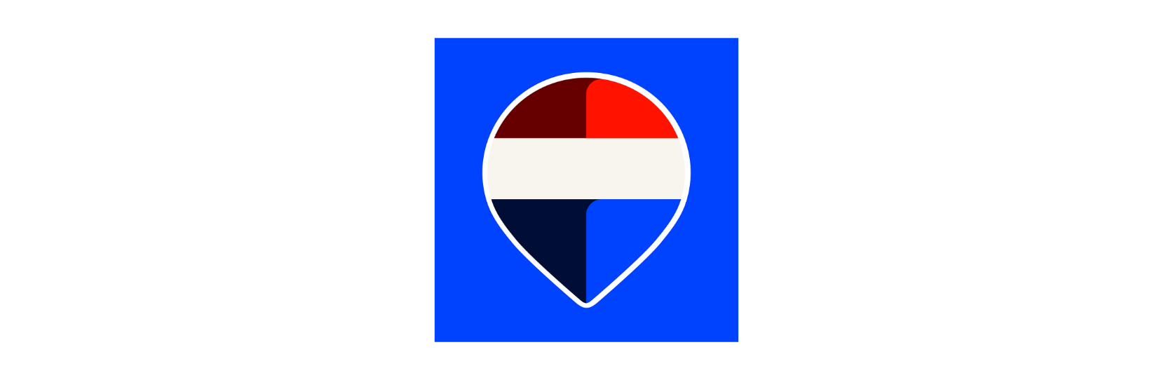 Blue square with a red, white, and blue shield-like emblem centered inside