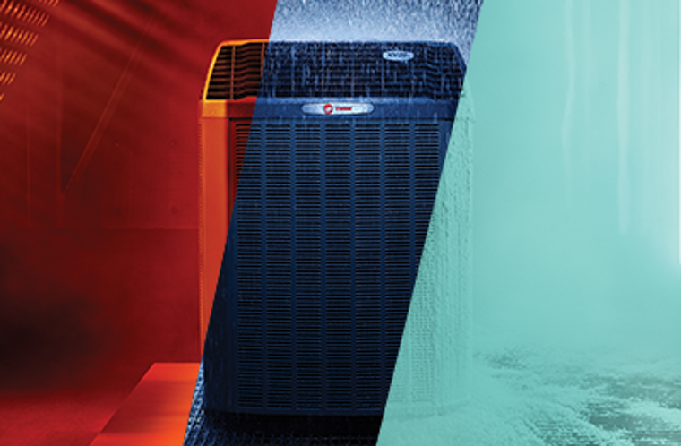 A blue air conditioner is sitting on a red and blue background.