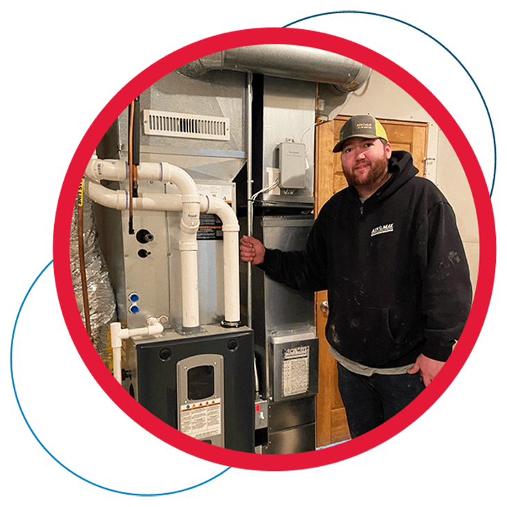 A man is standing in front of an air conditioner in a red circle.
