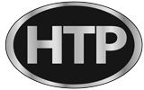 A black and silver htp logo on a white background.