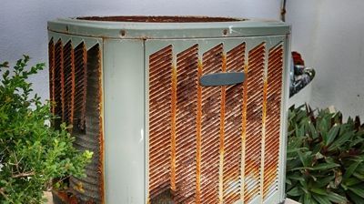 A rusty air conditioner is sitting next to a plant.