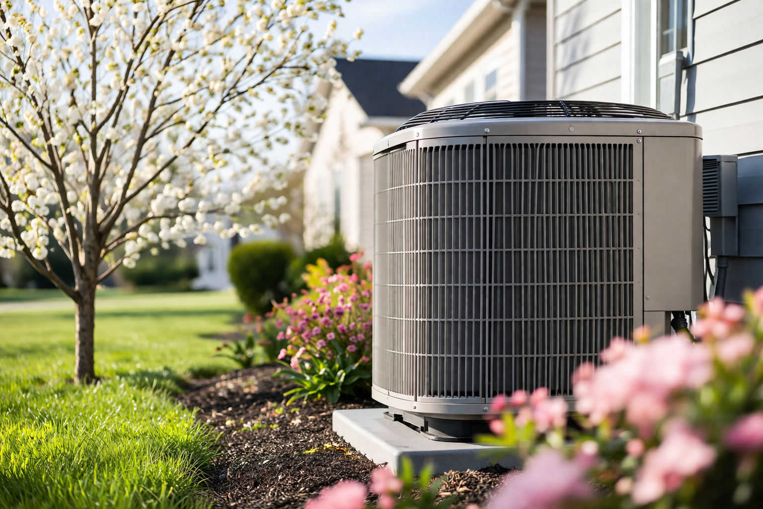 HVAC unit outside surrounded by springtime flower blooms