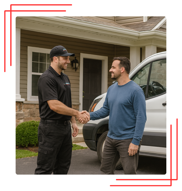Man in uniform shakes hands with a homeowner in front of a house and white van.