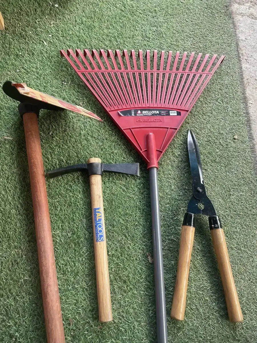 Un montón de herramientas de jardinería están sobre el césped.