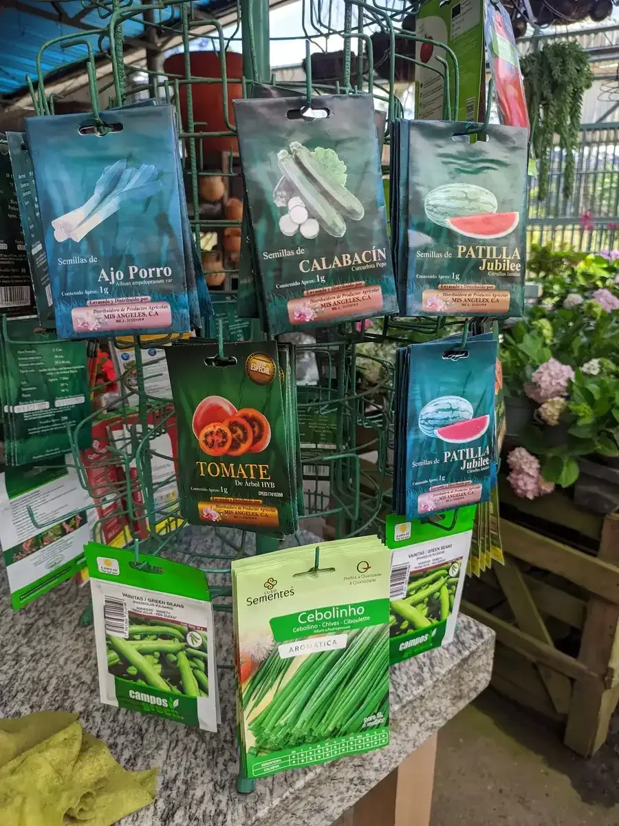 Hay muchos tipos diferentes de semillas colgadas en un estante.