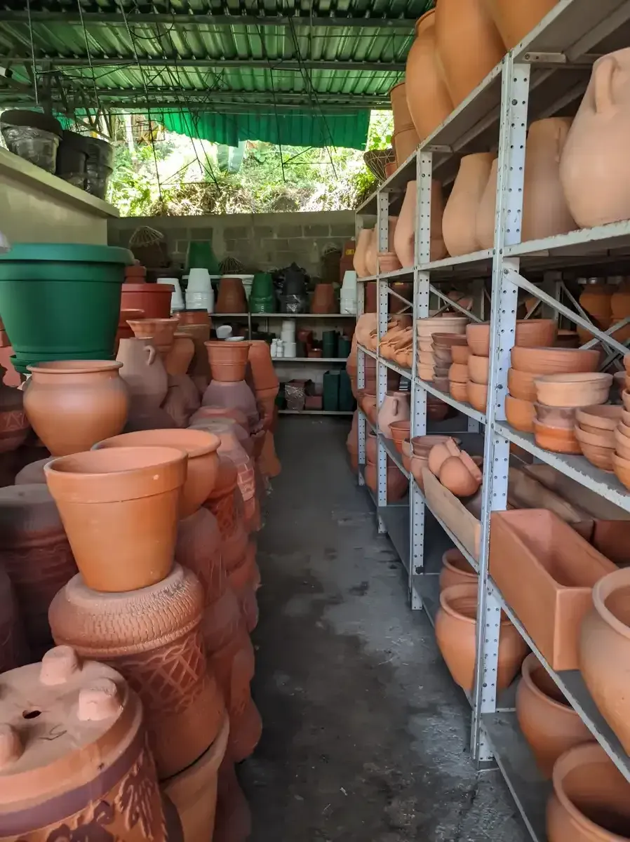 Una tienda llena de ollas de barro en los estantes.
