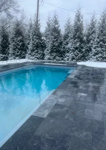 Snow-covered evergreen trees behind a blue swimming pool with dark gray stone pavers.