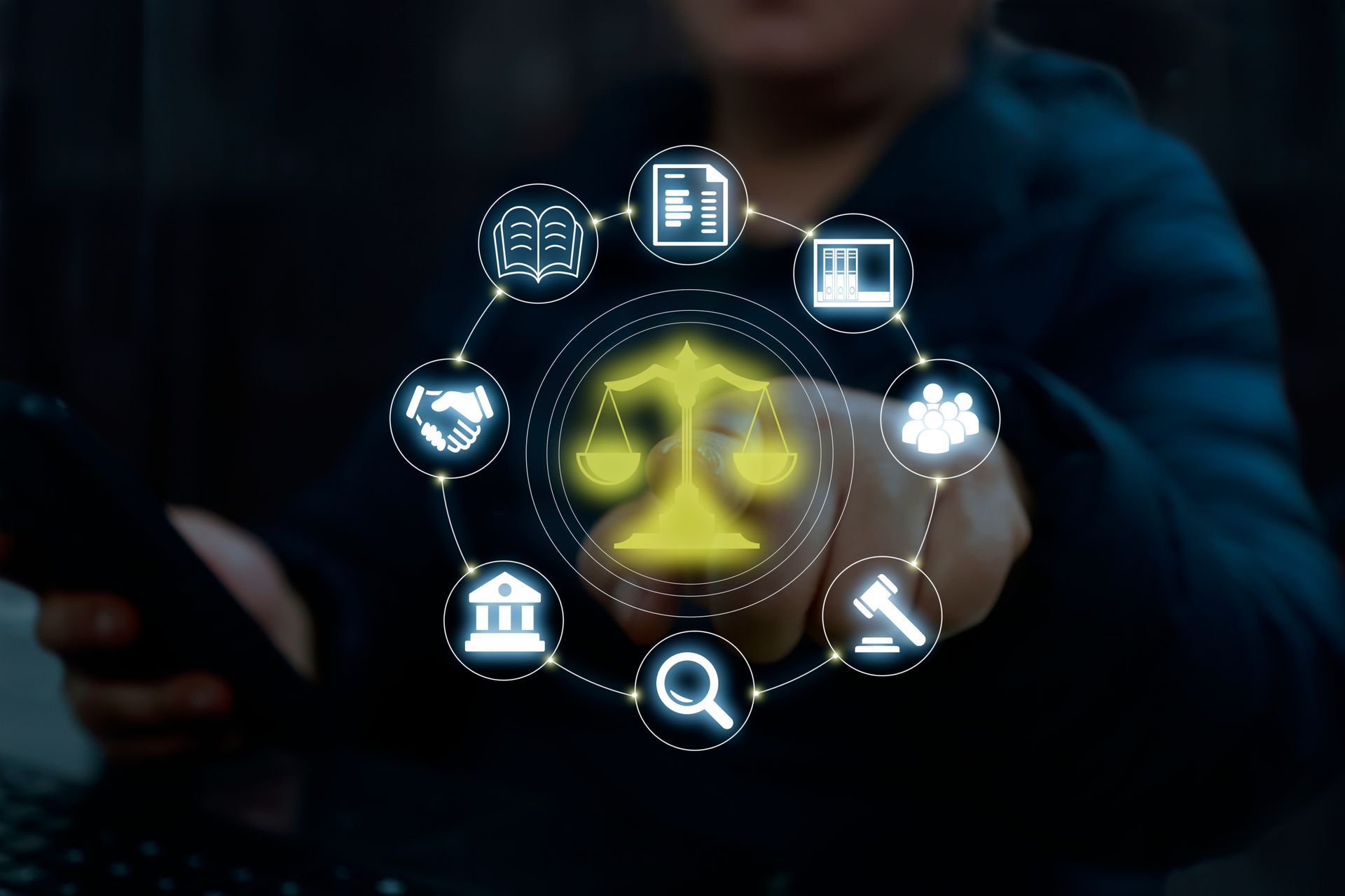 Person selecting legal service icons on a digital touchscreen interface.