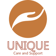 A logo for unique care and support with a hand in a circle