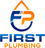 Logo for First Plumbing: blue and orange droplet with "FP" initials and company name.