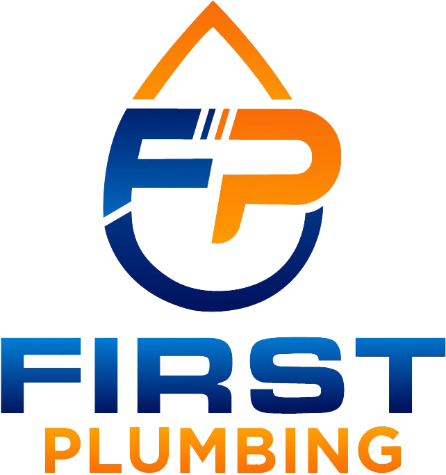 Logo for First Plumbing: blue and orange droplet with "FP" initials and company name.