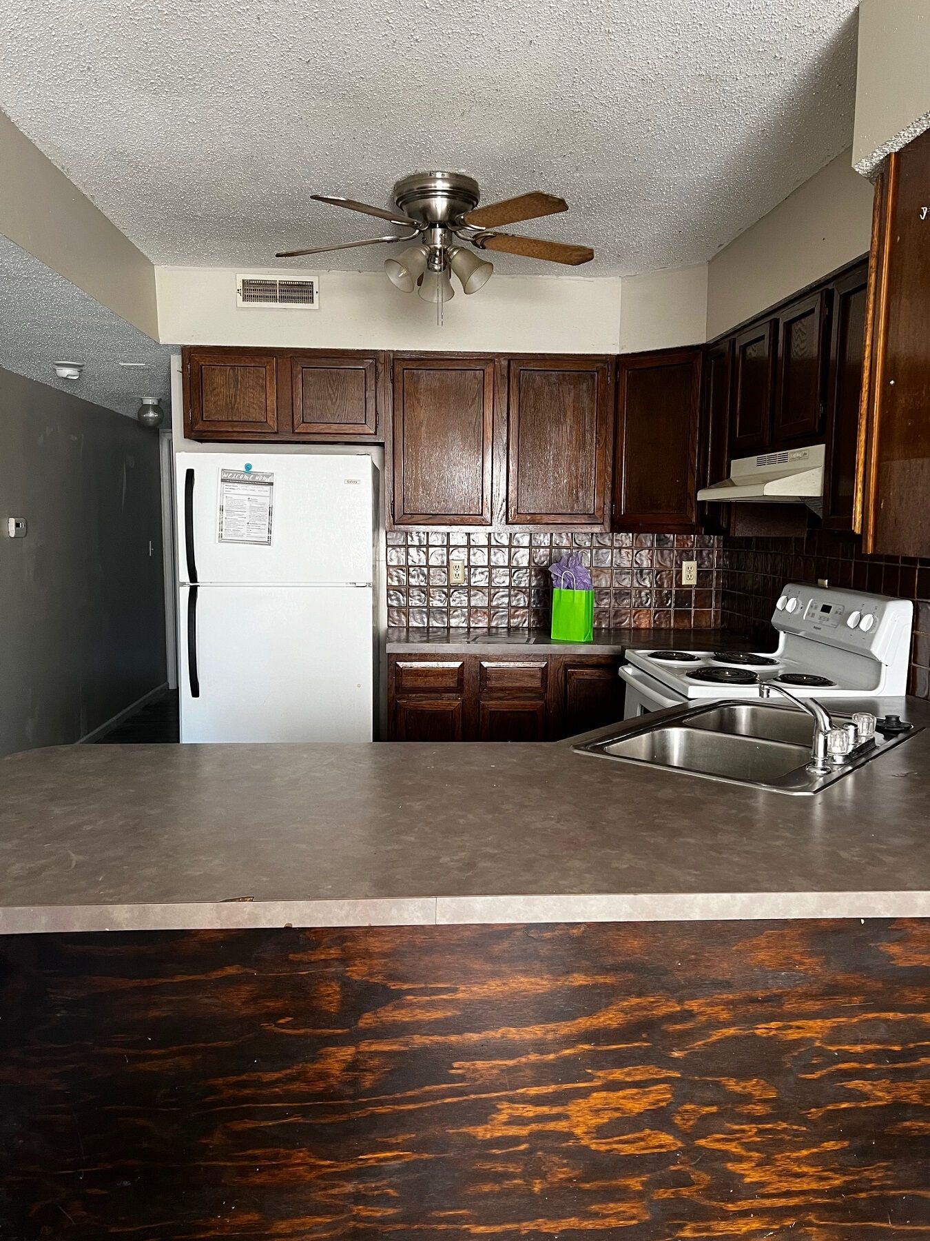 Kitchen with dark brown cabinets, white refrigerator, and countertop with a sink.