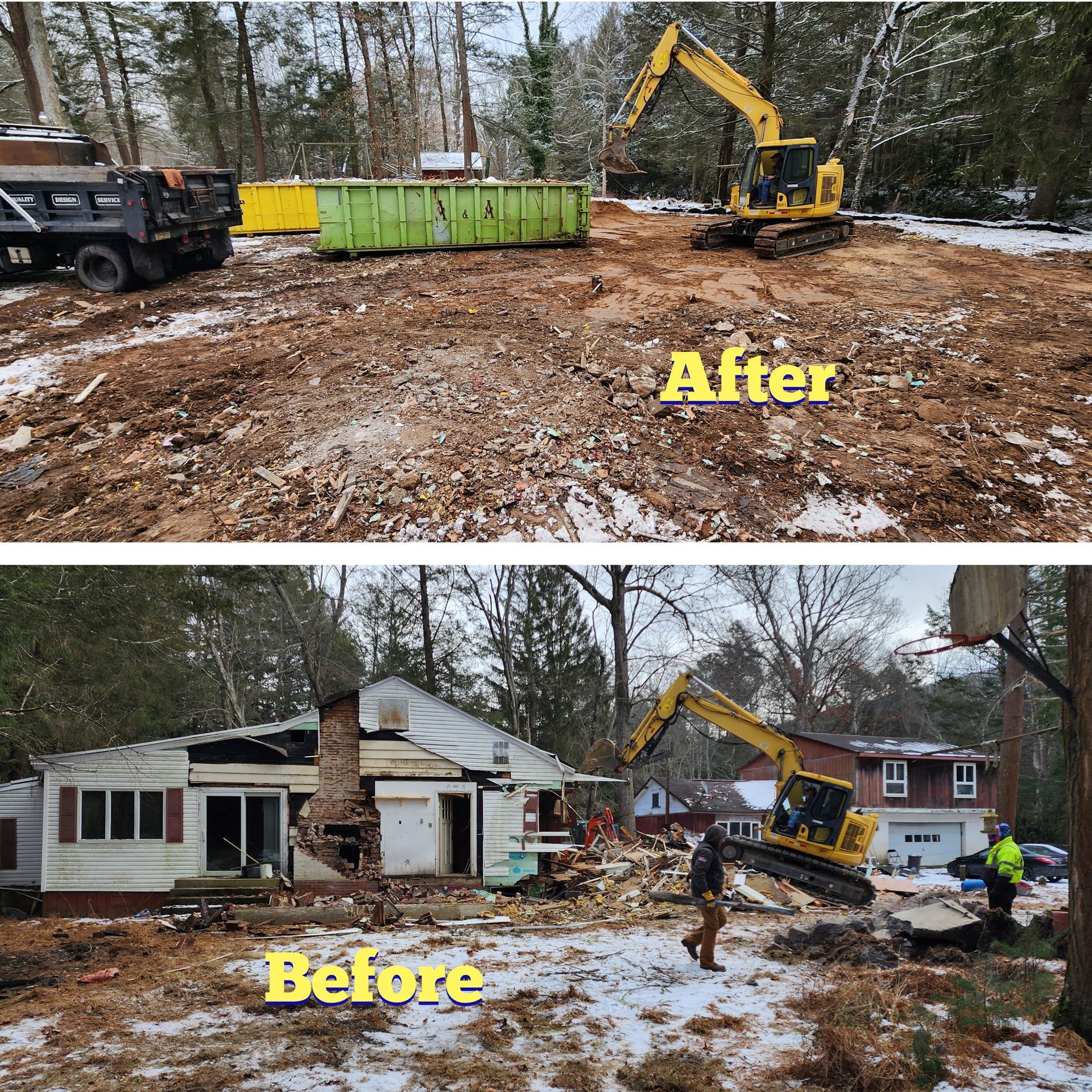  Before and after: Hazleton house demolition and site clearing with excavator.