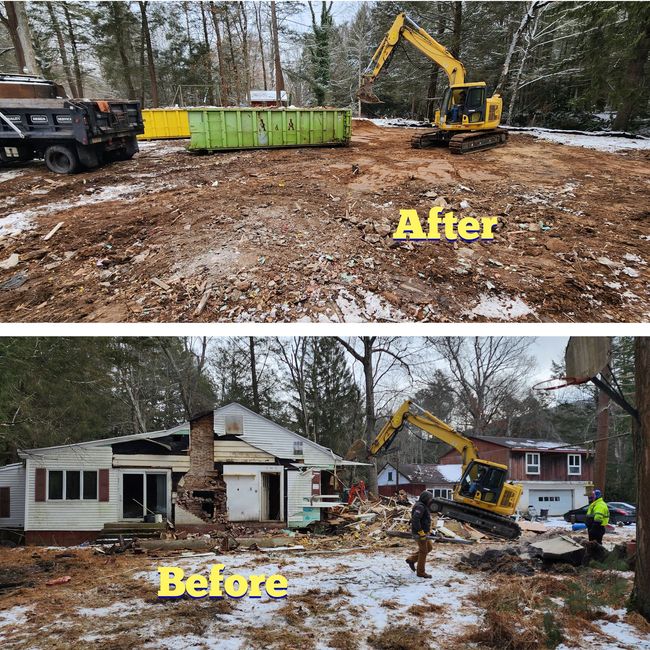  Before and after: Hazleton house demolition and site clearing with excavator.