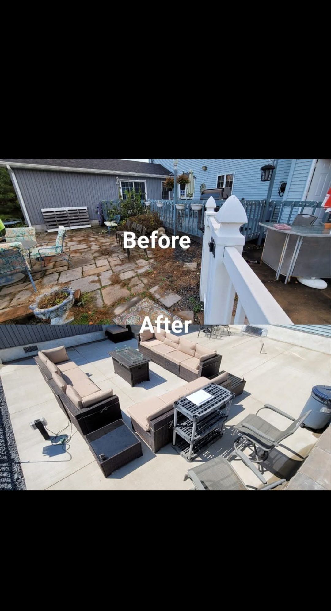 Dyed black concrete driveway installation – Z&S Construction LLC Before and after: Sugarloaf backyard transformed from stone to modern concrete patio.