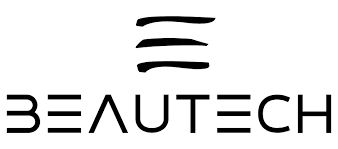 Un logo in bianco e nero per beautech su uno sfondo bianco.