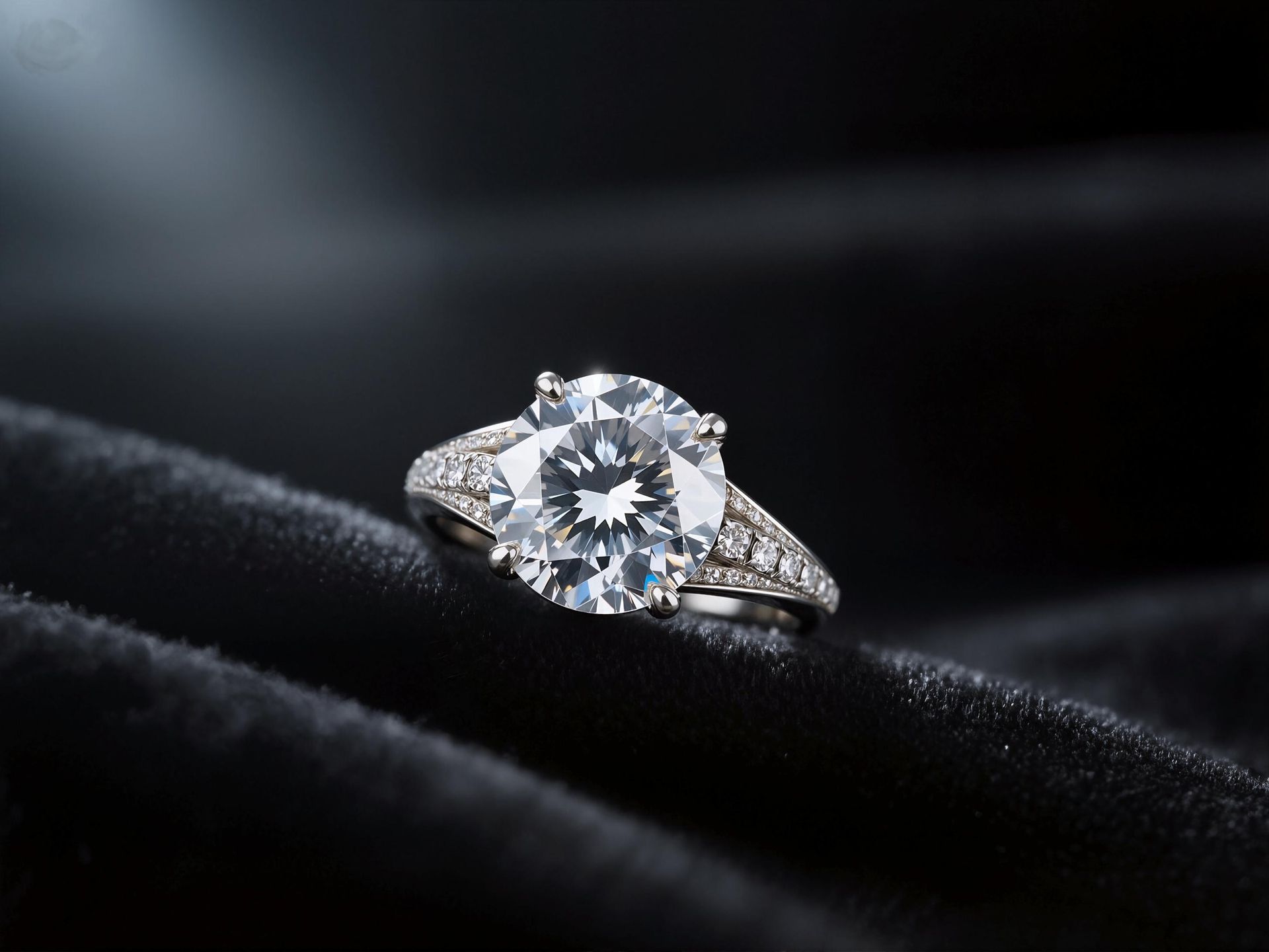Diamond engagement ring on black velvet.
