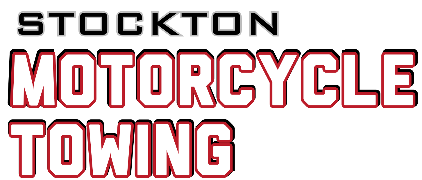 The logo for stockton motorcycle towing is red and black.