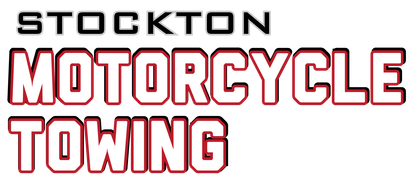 The logo for stockton motorcycle towing is black and red.