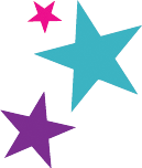 Three colorful stars: pink, blue, and purple.