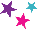 Three colorful stars: purple, turquoise, and pink.