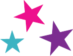 Three colorful stars: turquoise, fuchsia, and purple.