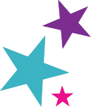 Three colorful stars: turquoise, purple, and pink.