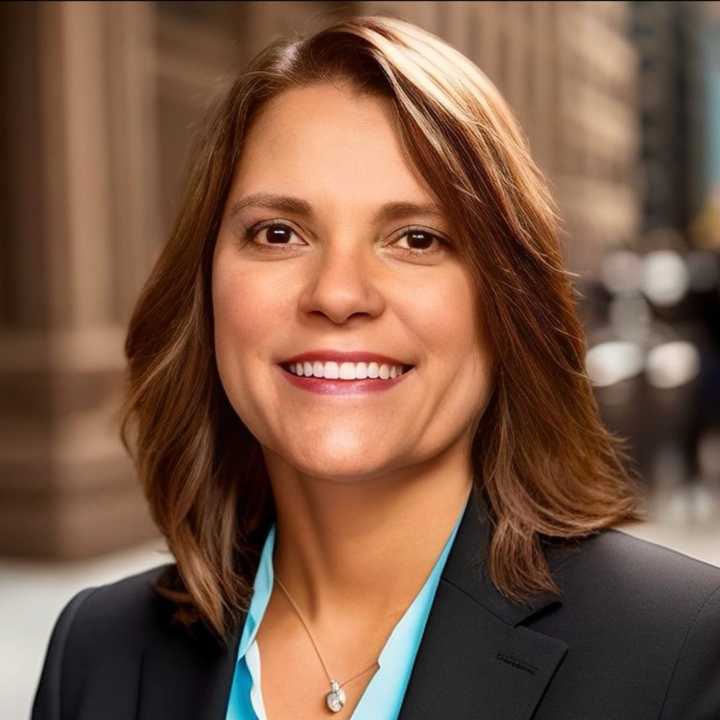 Woman with brown hair smiles, wearing a blue shirt, black blazer, and a necklace, set against a city background.