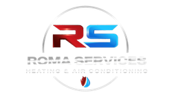 Logo for Roma Services Heating & Air Conditioning featuring a stylized red and blue "RS" inside a circle.