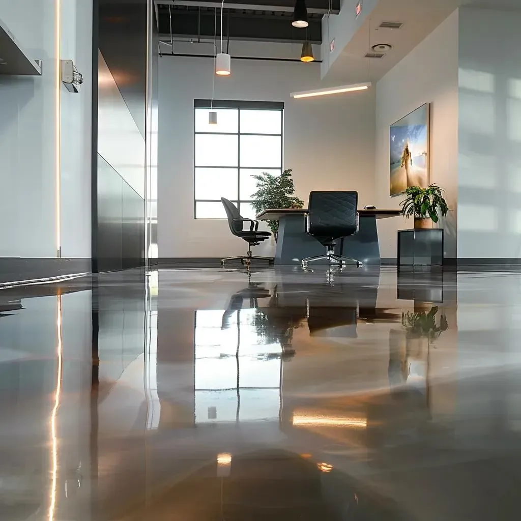A room with a desk and chairs in it