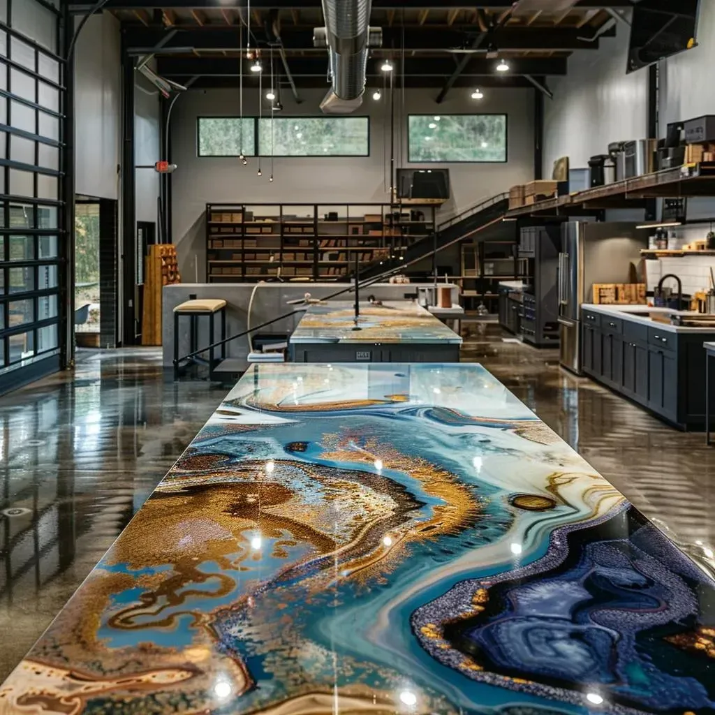 A kitchen with a large table with a painting on it