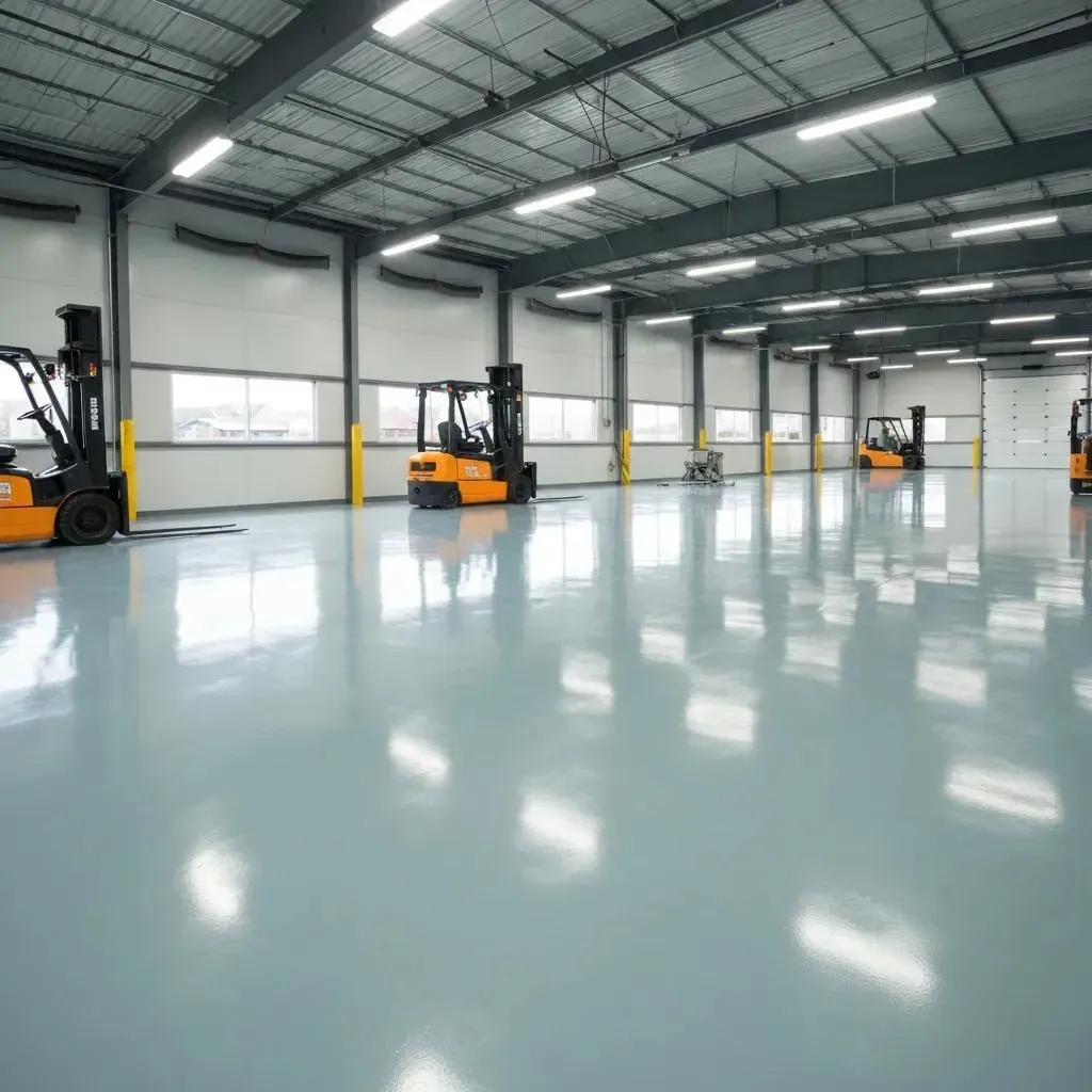 Commercial polyaspartic and epoxy flooring installed in a New Jersey facility with high-gloss, durab