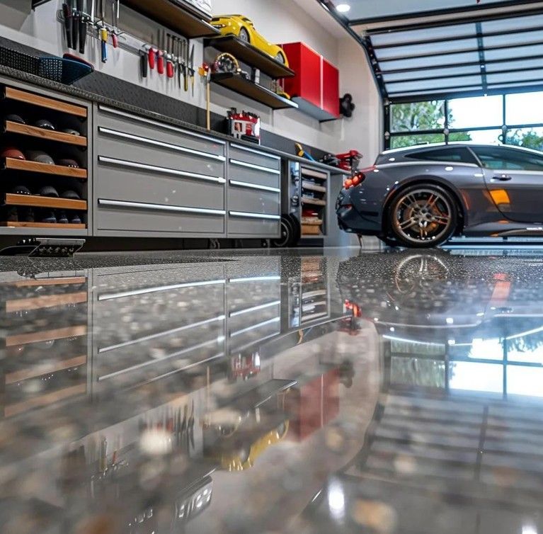 A car is parked in a garage with a reflection of it in the floor.