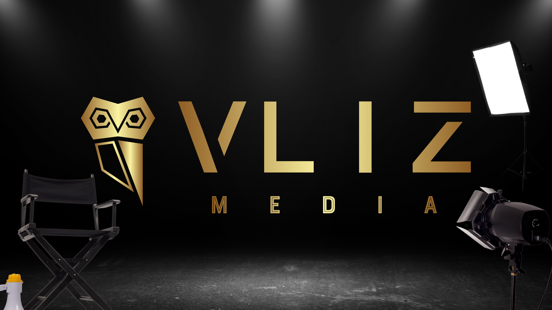 VLIZ Media production studio setup with lights, director's chair, and gold owl logo in Orange County