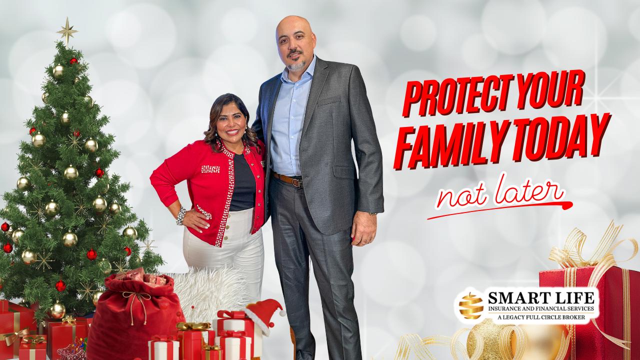 A woman and a man stand near a Christmas tree with gifts; text says 