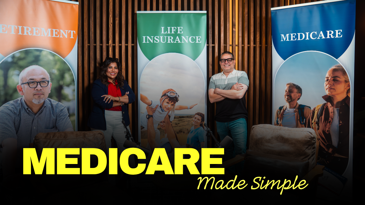 Two professionals stand before banners for retirement, life insurance, and Medicare. Text reads: 