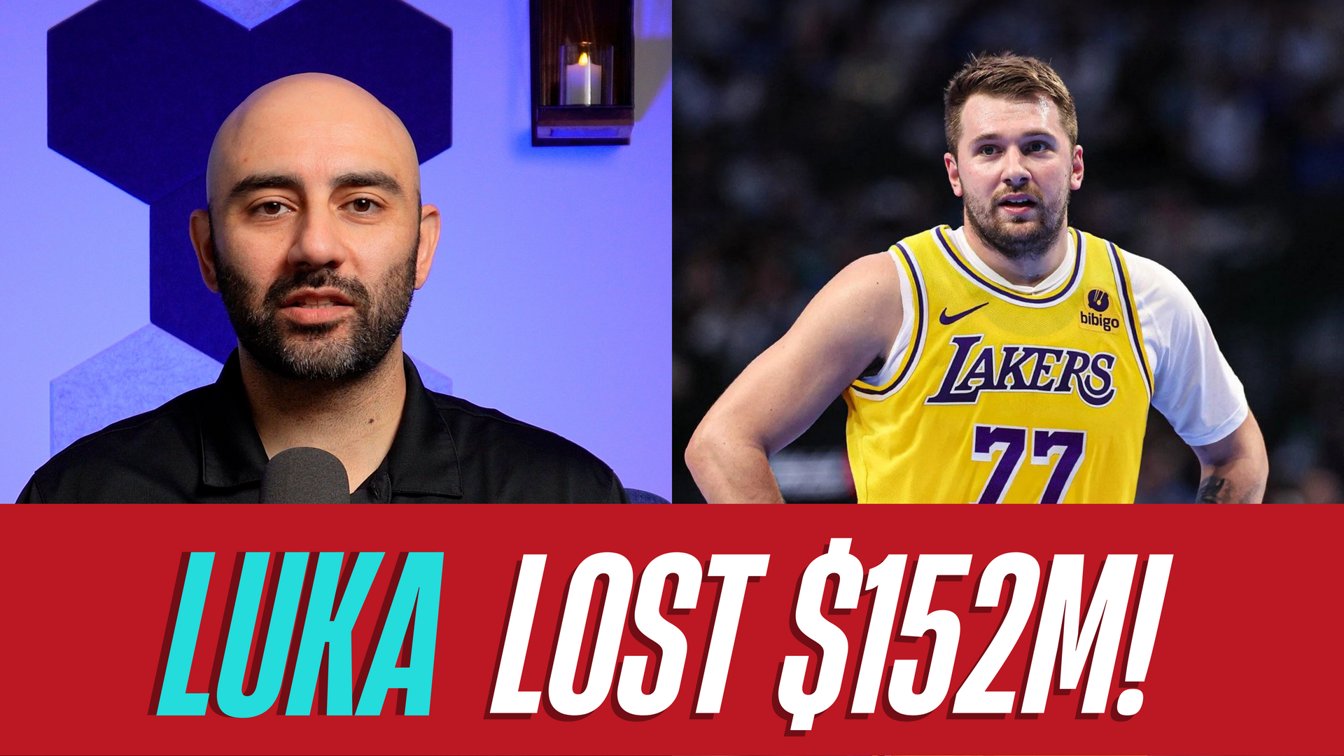 Split-screen image of podcast host and Luka Dončić in a Lakers jersey with bold text reading 