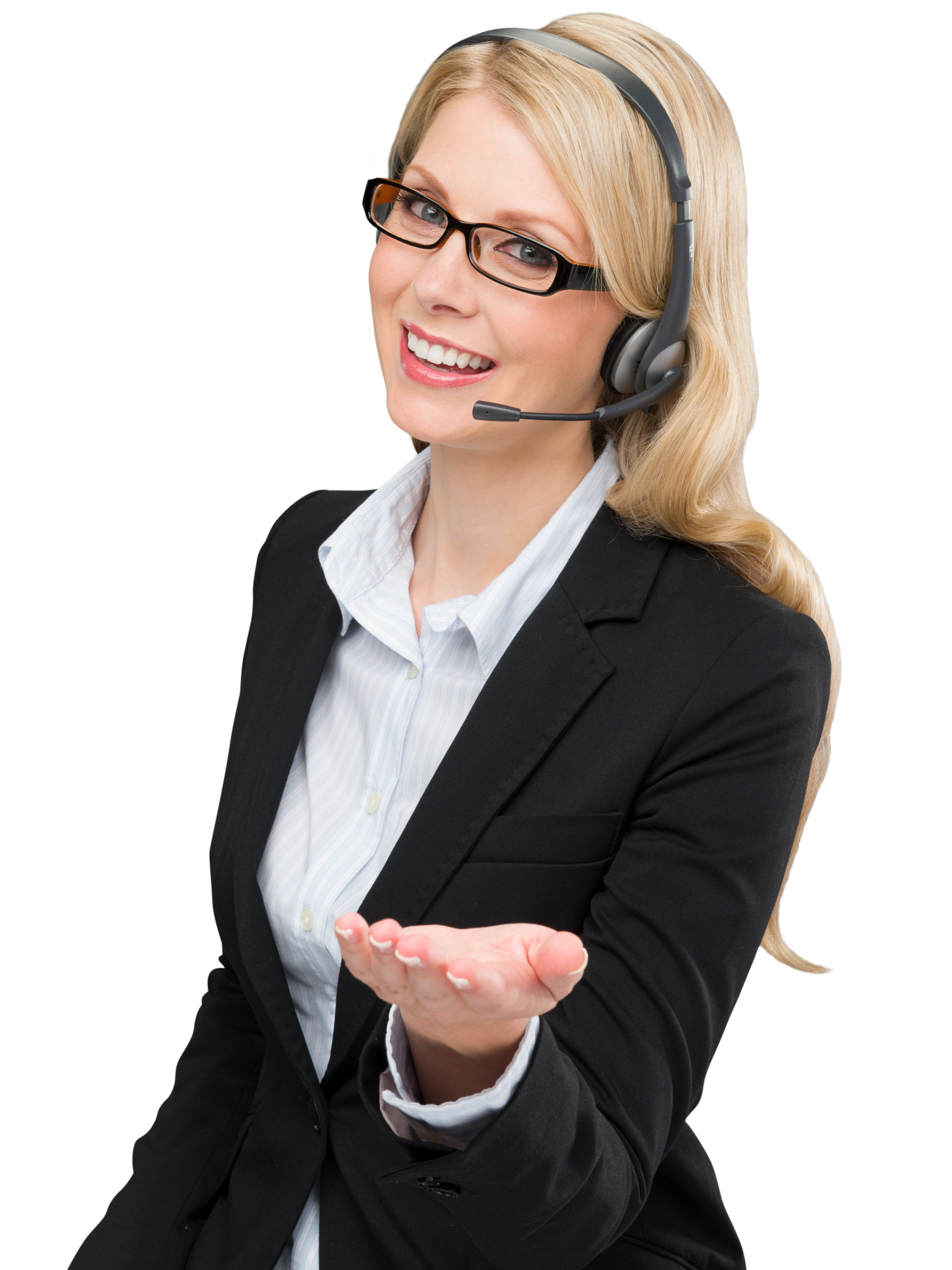 A virtual assistant wearing a headset is smiling and holding out her hand