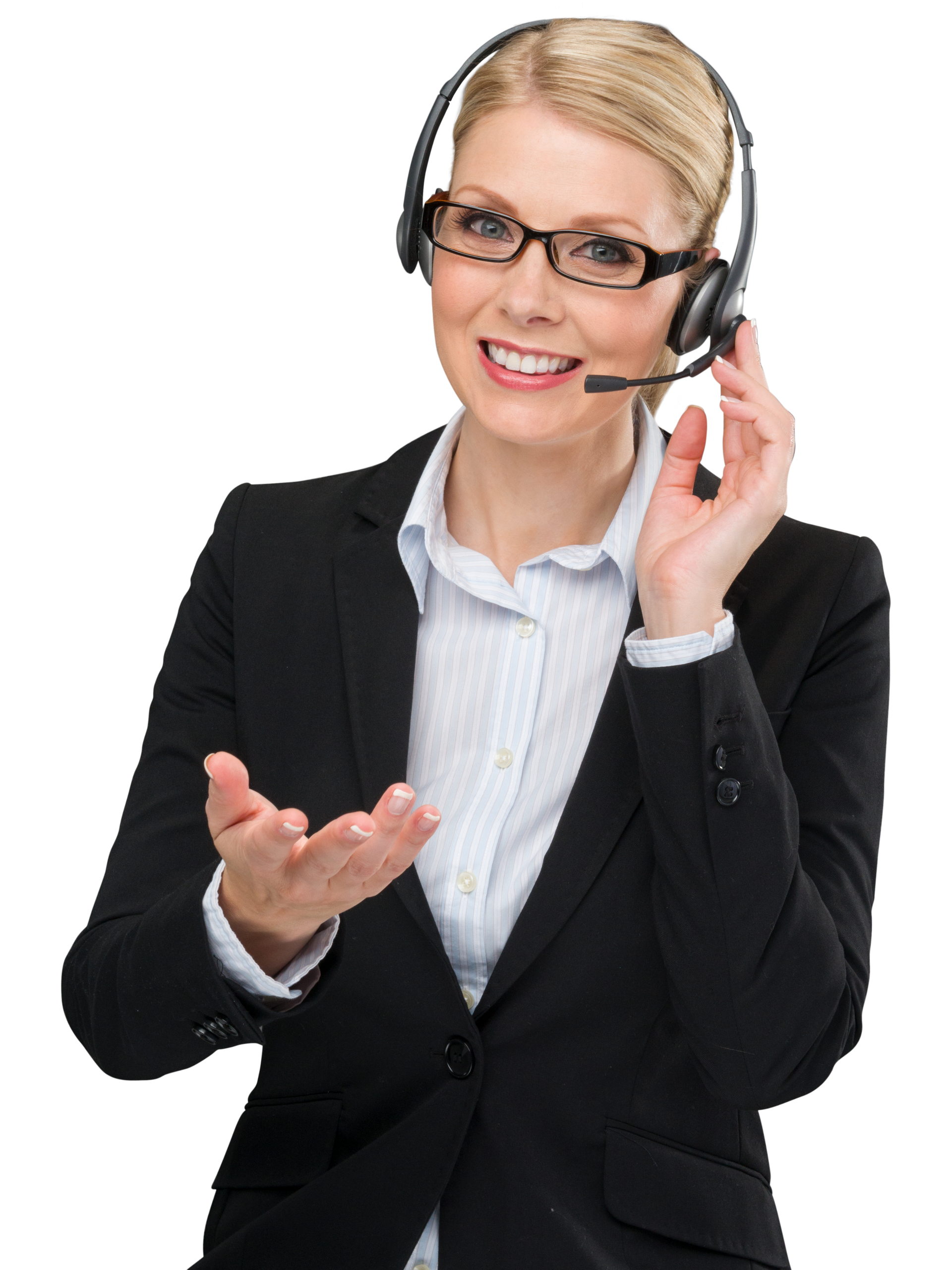 A virtual assistant wearing a headset is smiling and holding out her hand