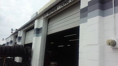 A garage with a lot of tires in it.