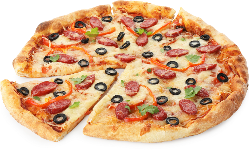 Pizza with pepperoni, olives, and bell peppers